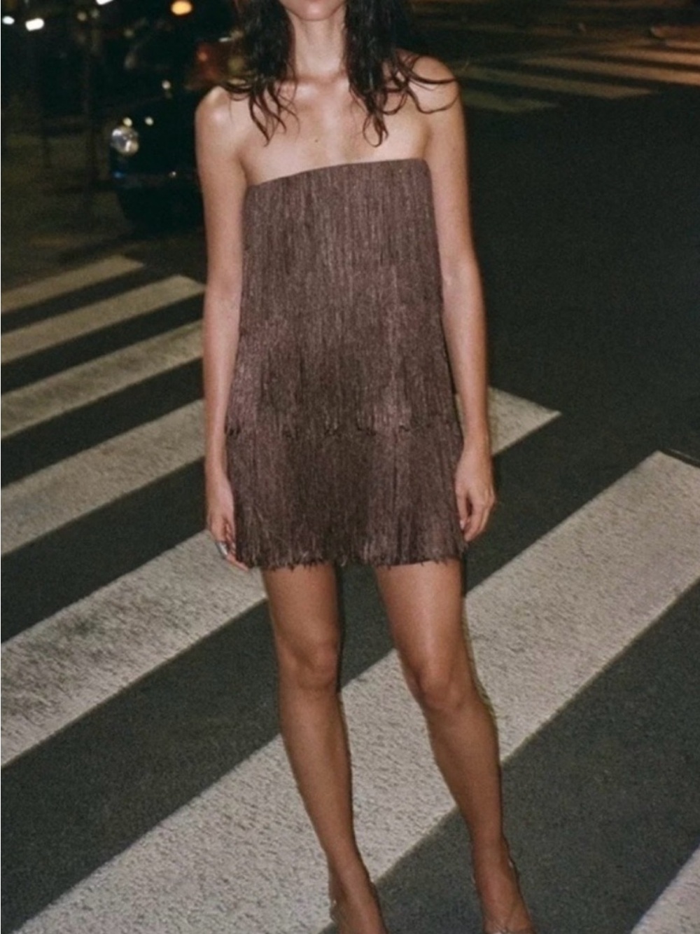 Zara Chocolate Brown Tiered Fringe strapless mini dress